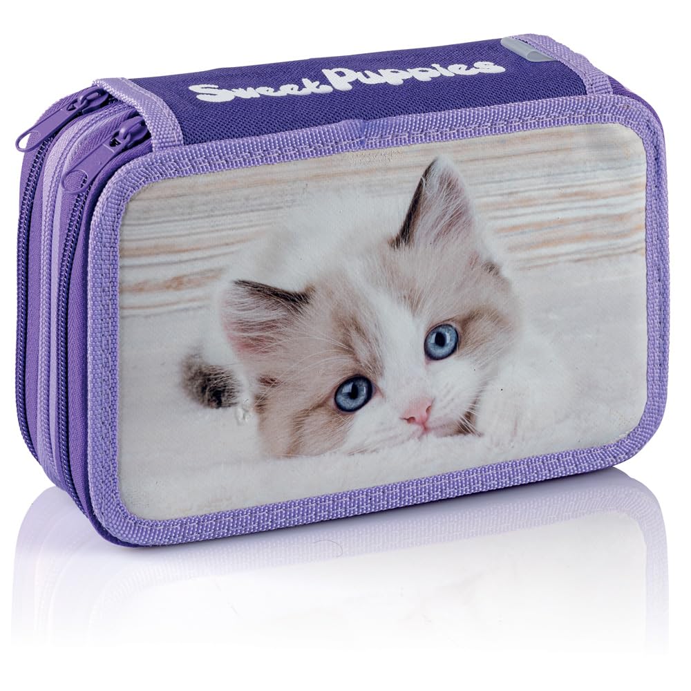 Favorit Trousse d'école à 3 Fermetures éclair avec 12 Crayons de Couleur et 18 feutres 20 x 13 x 7,5 cm avec 3 Compartiments, Rose et Aigue-Marine, Version Chat