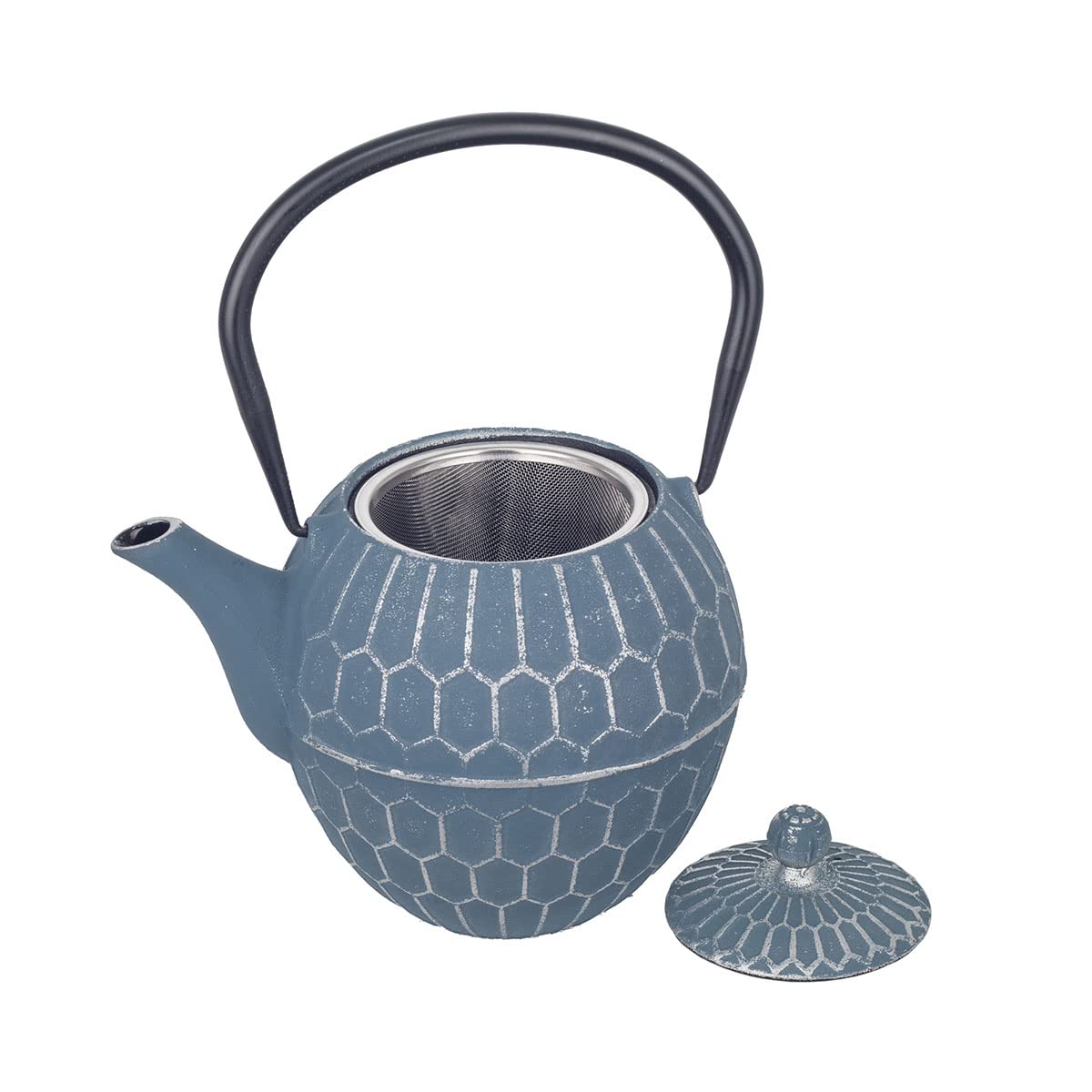 Tetera con Filtro Infusor 1,3L, Hierro Fundido Azul Gris, Té Japonés Oriental, Decoración Etnica Elegante, 17 cm