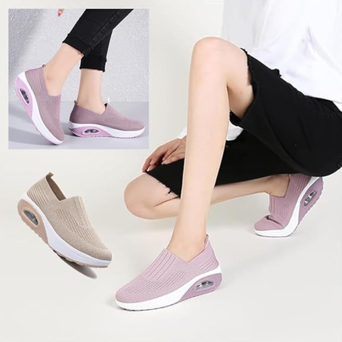 Tenis ortopédicos para mujer, cómodos zapatos de plataforma con parte inferior basculante, zapatos para caminar, con cojín de aire, zapatos para caminar, soporte de arco, tenis ligeros de cuña de