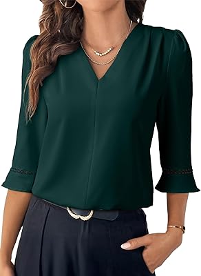 EVALESS Women's 3/4 Sleeve Tops Dressy Casual Pleated V Neck Business Work Blouses Office Shirts