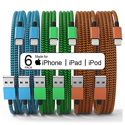6 Pack [Apple MFi Certified] 3/3/6/6/10/10 FT iPhone Charger MUXA Colorful Nylon Lightning Cable Compatible iPhone 13 mini/13/12/11 Pro Max/XR/XS/X/8/7/Plus/6S/6/SE/5S/iPad