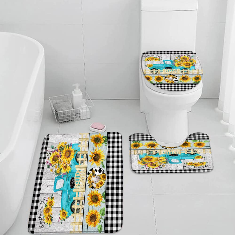 3 Pieces Set Truck Sunflower Bathroom Rugs Farmhouse Rustic Flower Cow Vintage Wooden Board Black White Buffalo Check Plaid Toilet Lid Cover Pedestal Rug U-Shaped Non-Slip Carpet