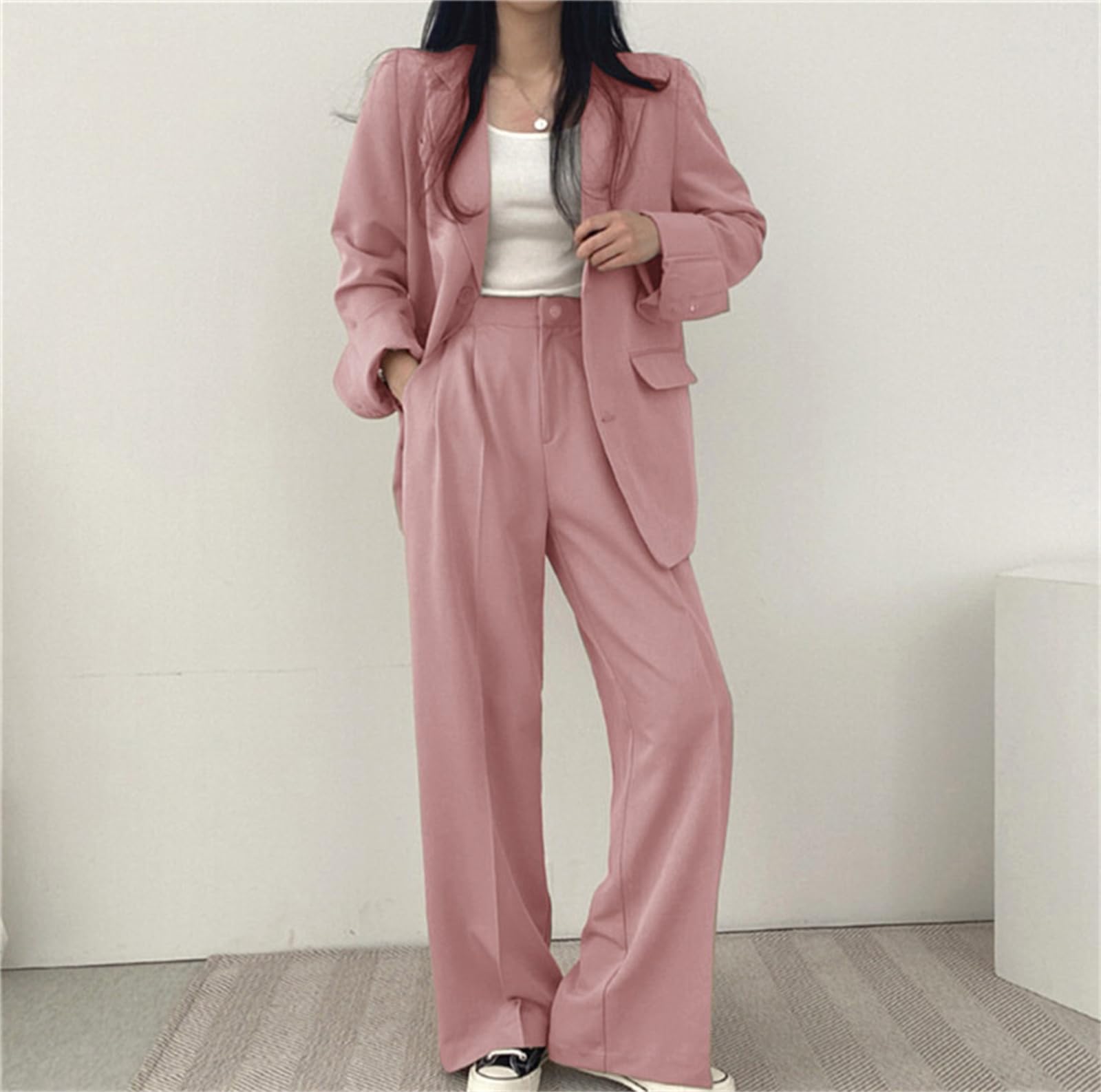 Womens 2 Piece Casual and Business Suit Set Oversized Blazer High Waisted Wide Leg Pants Outfit