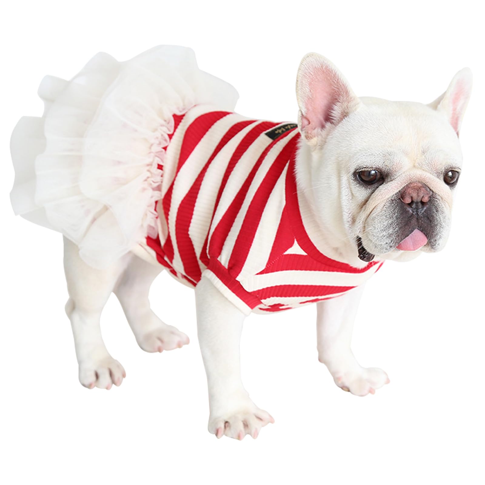 Moorfowl French Bulldog Tutu Dress Red White Stripes Vest Gauze Skirt for Pug Corgi Adorable Doggie Party Tulle Dress Fashion Casual Outfits (L(Back