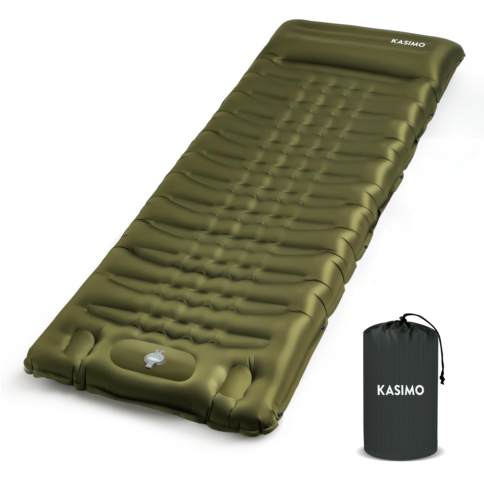 KASIMO Samopompująca się karimata, 12 cm, materac dmuchany na kemping z wbudowaną poduszką pod głowę, nadmuchiwany materac z pompką nożną, ultralekka i kompaktowa karimata – idealna do podróży