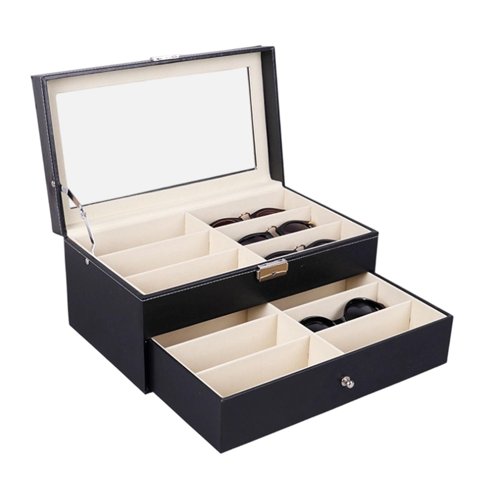 Brillen-Vitrine, Abschließbarer, Wasserdichter PU-Leder-Organizer für Sonnenbrillen und Schmuck