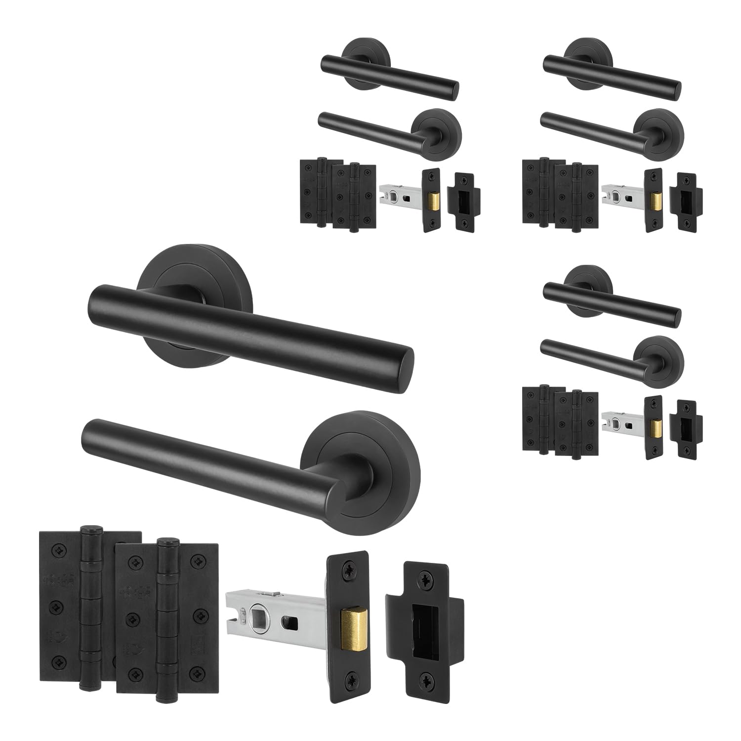 EAI Black Door Handles Latch Set, 4 Pairs of Internal Matt T-Bar Round Rose Handles, Latch 64mm, Hinges 64mm - Oliena Range — image 1