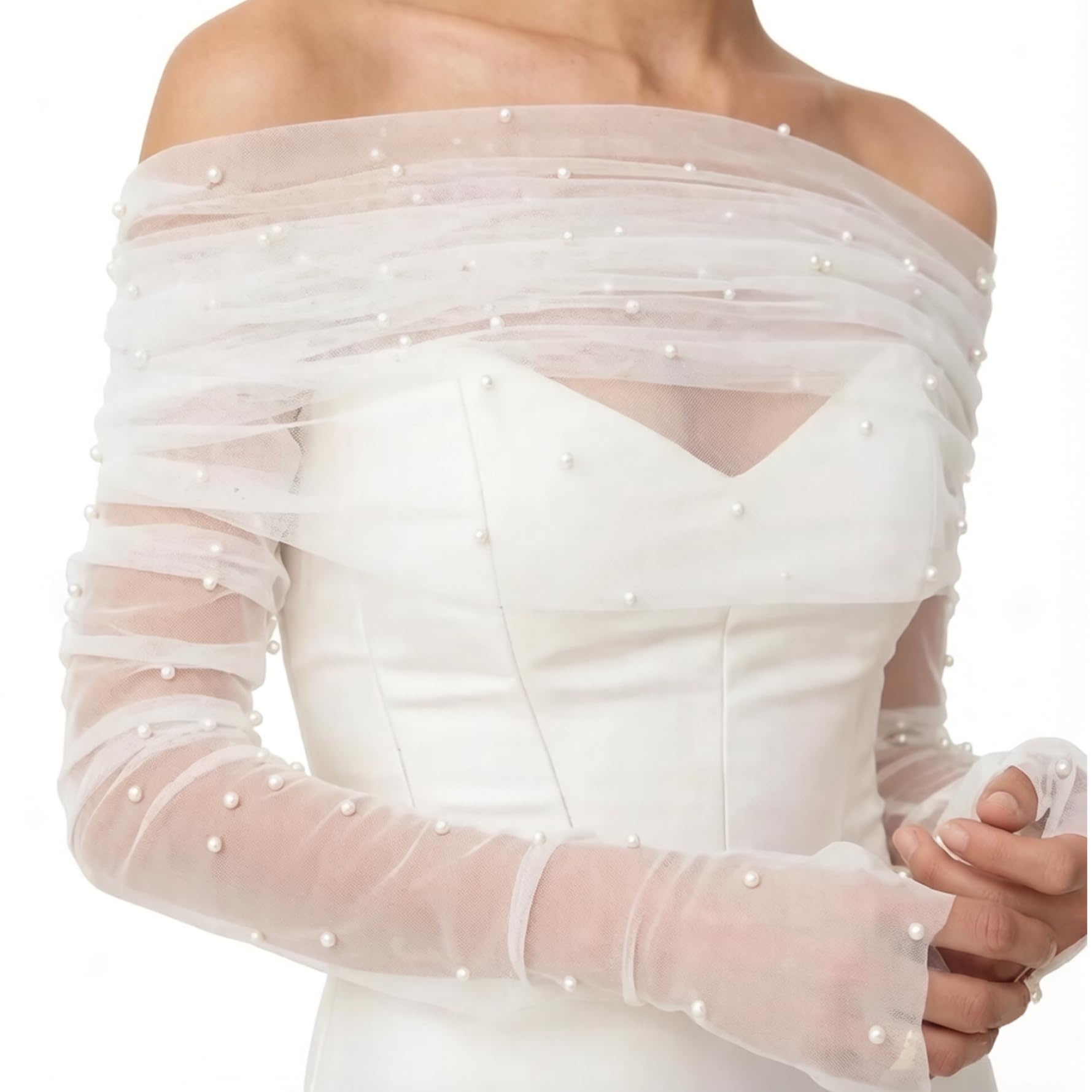 Tsawntd Unisex With Pearl Bridal Shawl, Elegant Off-Shoulder Sheer Shawl With Detachable Sleeves, Tulle Wedding Cover Up For Bride,