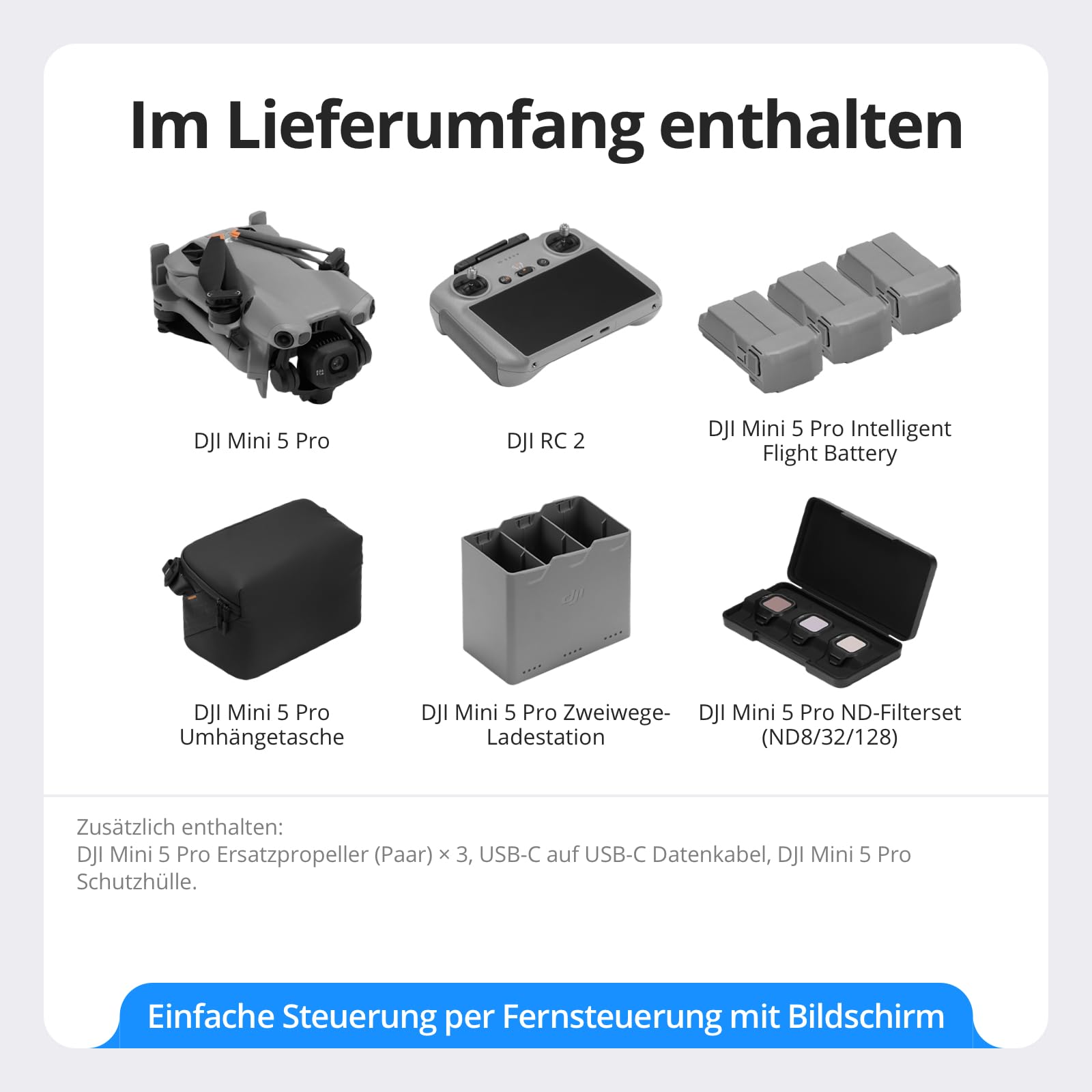 Drohne-Paket - DJI - Mini 5 Pro Fly More Combo - CMOS-Kamera 1 - DJI RC2 Fernbedienung + Zubehör