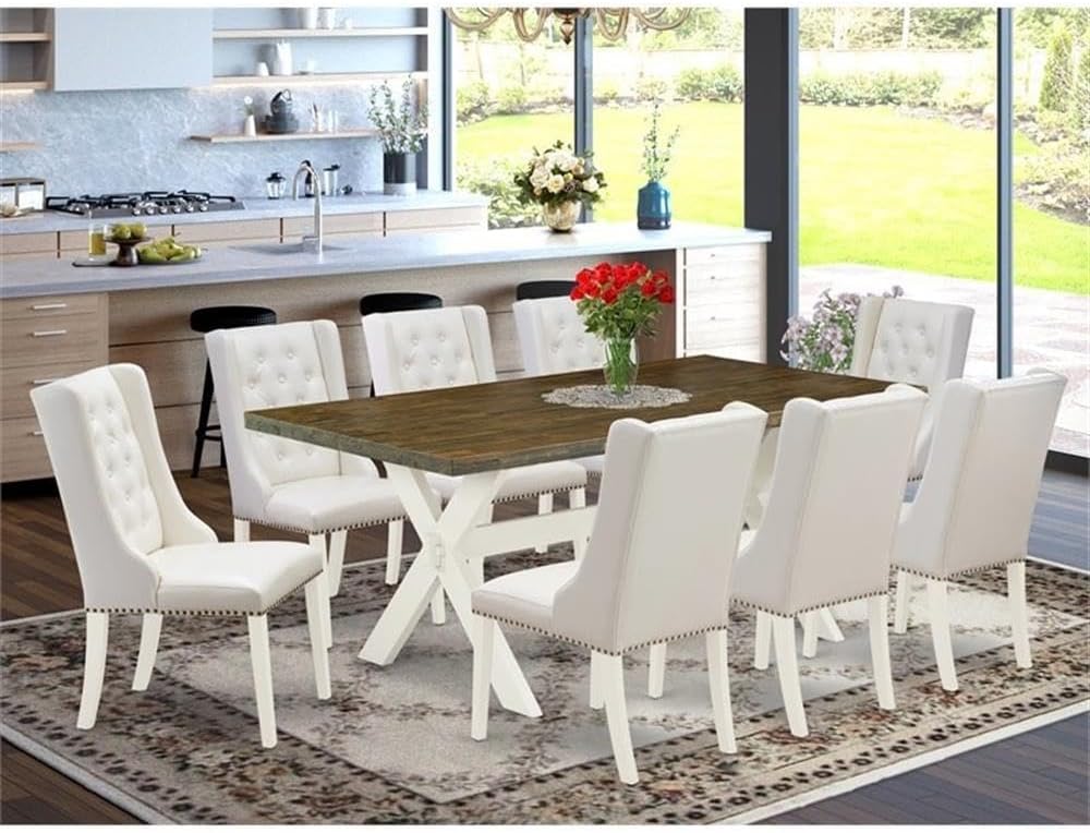 East West Furniture X077FO244-9 9 Piece Dining Table Set Includes a Rectangle Dining Room Table with X-Legs and 8 Light Grey Faux Leather Parsons Chairs, 40x72 Inch, Multi-Color