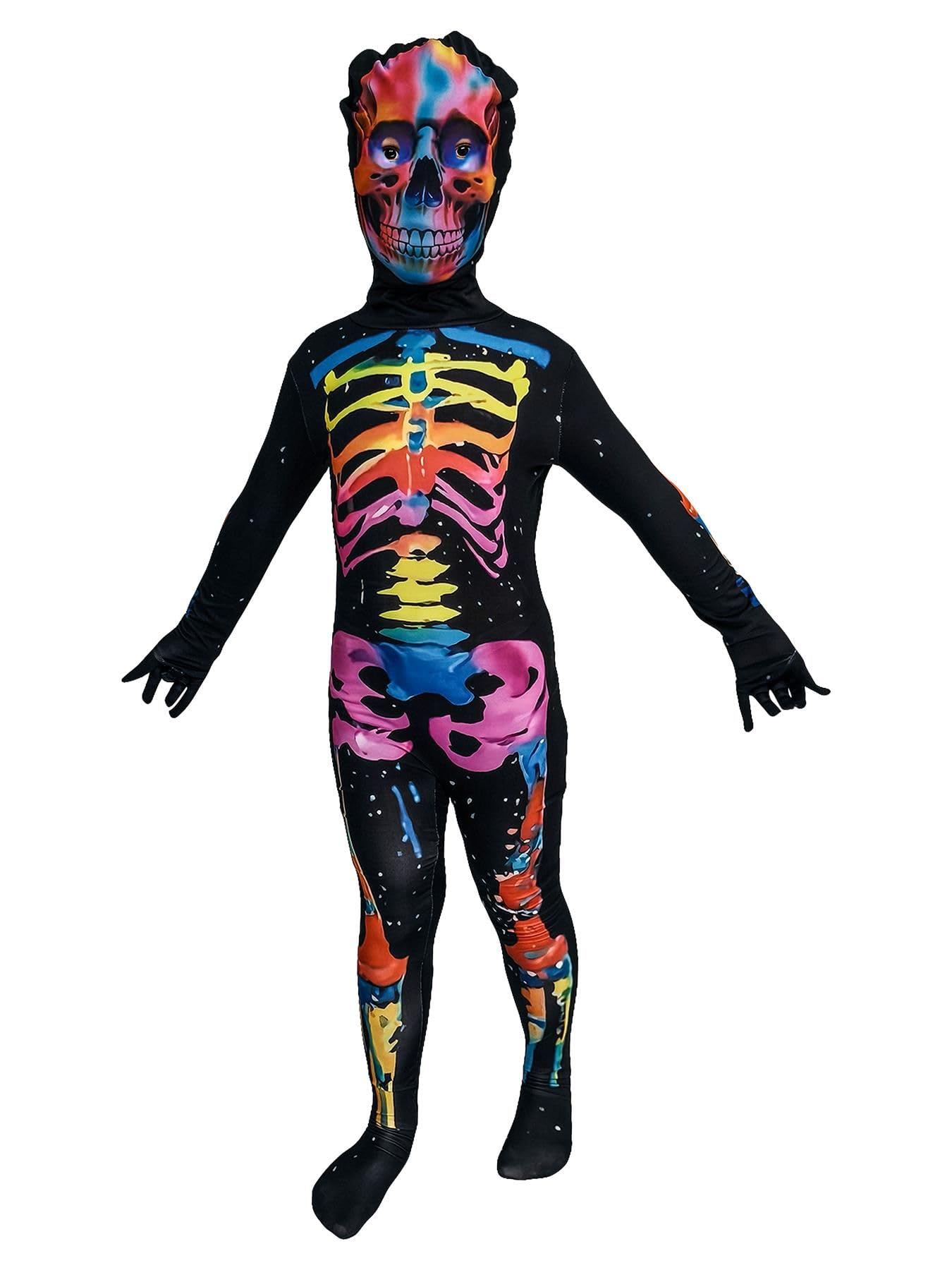 A2Z 4 Kids Kostium neonowego szkieletu dla chłopców i dziewczynek, na Halloween, fantazyjna sukienka z maską czaszki, czarny, świecący szkielet, jednoczęściowe body na imprezy typu cukierek albo