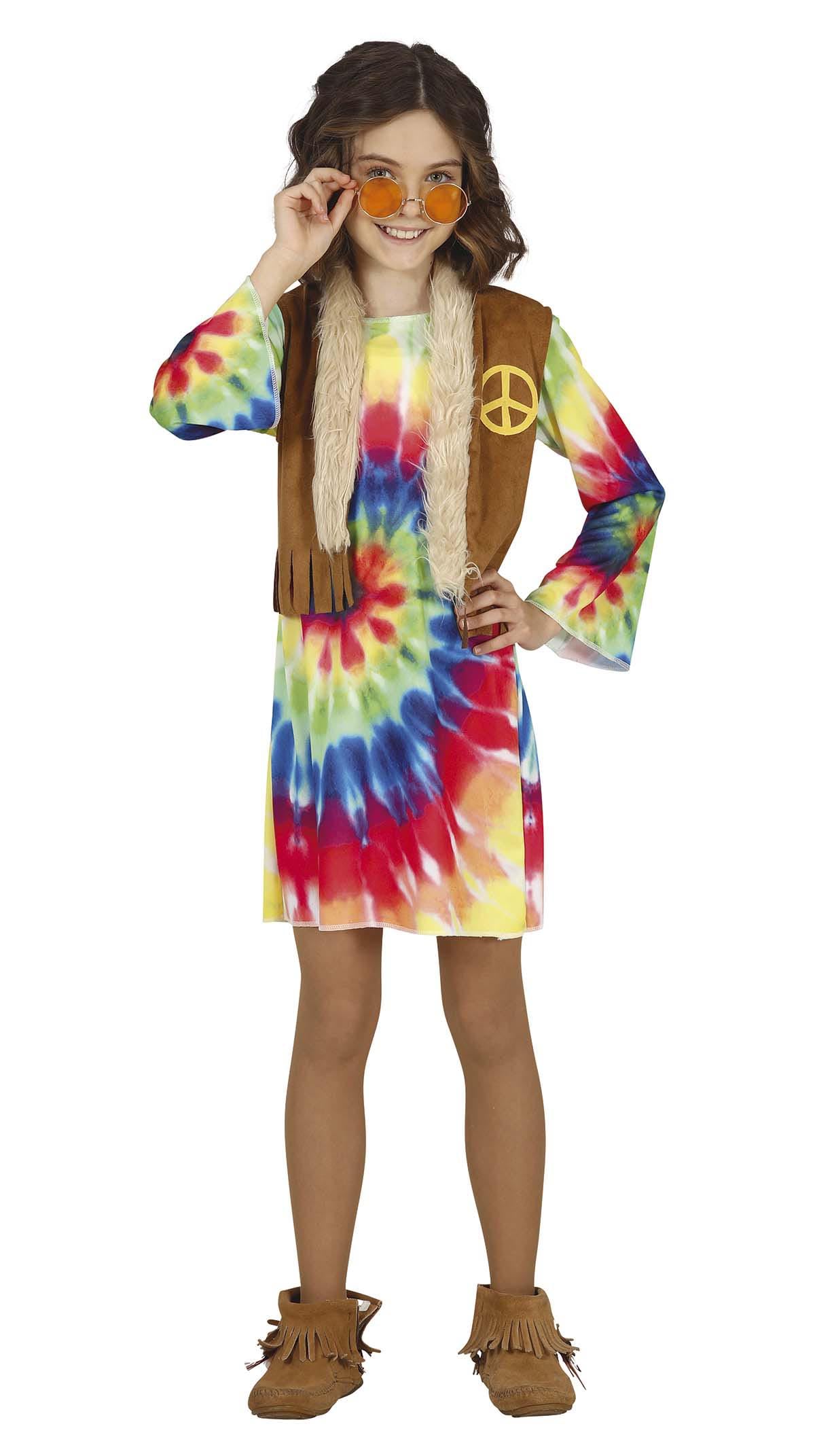 FIESTAS GUIRCA Hippie Girl Fancy Dress Costume - 70s Outfit with Multicoloured Tie-Dye Dress and Waistcoat for Children 10-12 Years