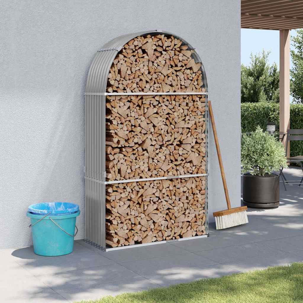 Fengshui Verzinkter Stahl Kaminholzunterstand 120x45x210 cm | Für Brennholz, Belüftung, 2 Wandhaken, Stahlblech, hellgrau