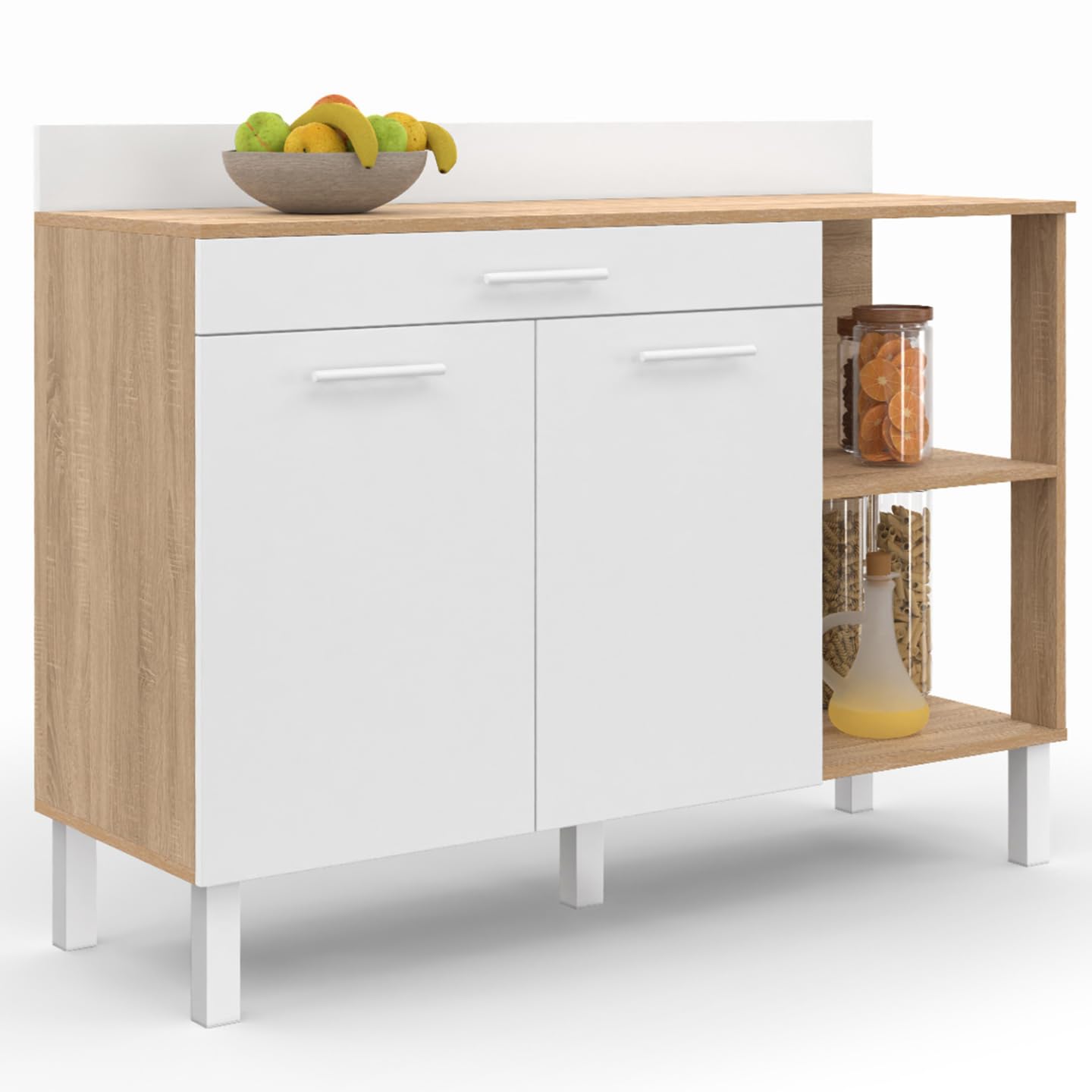 IDMarket - Buffet Bas de Cuisine 120 cm CINA Plan de Travail H.83 cm 2 Portes + tiroir façon hêtre et Blanc