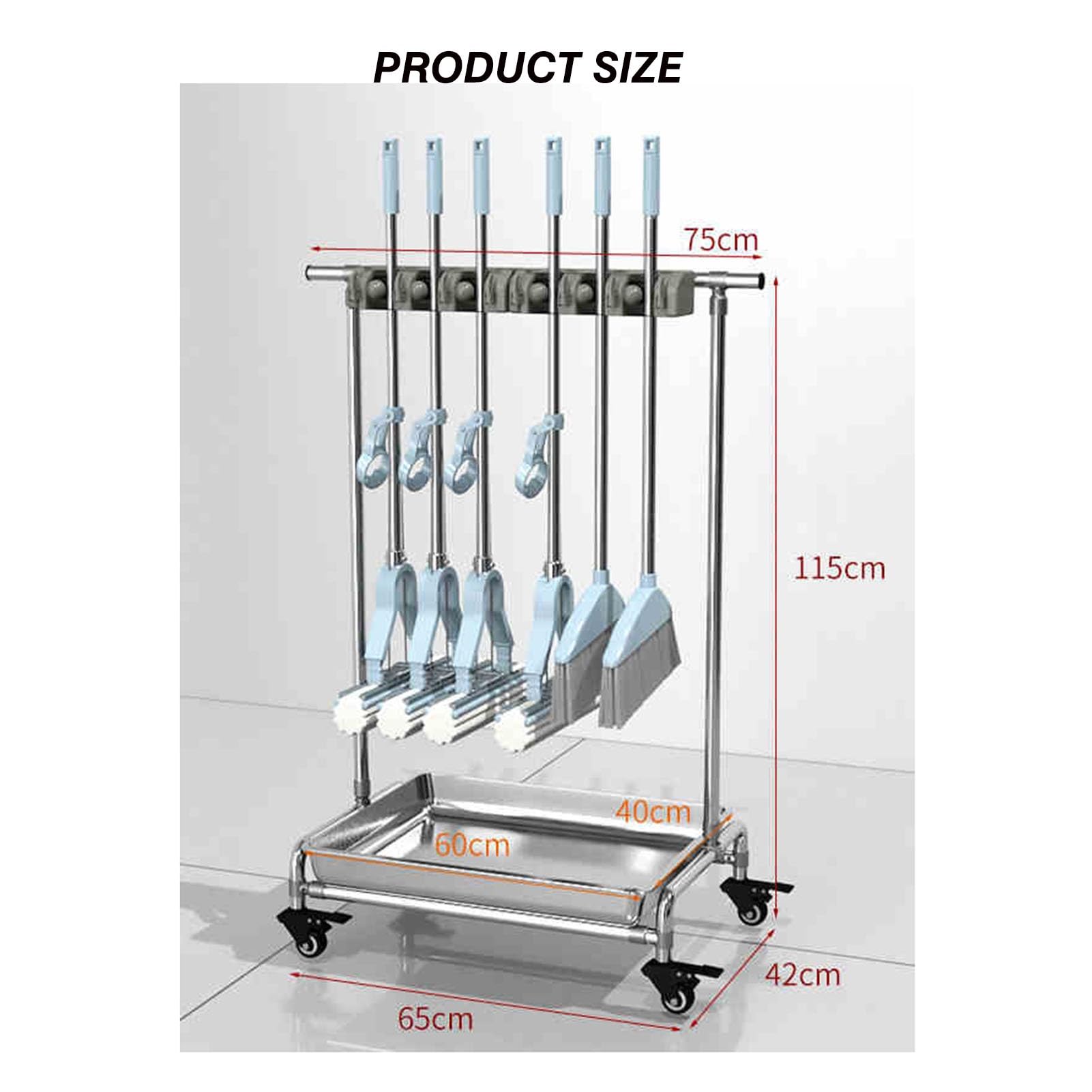 Soporte para Escobas Y Fregonas con Depósito De Agua, Torre De Herramientas con Ruedas para El Hogar, Jardín, Lavandería Y Garaje.,8 Hooks-75x110x42cm