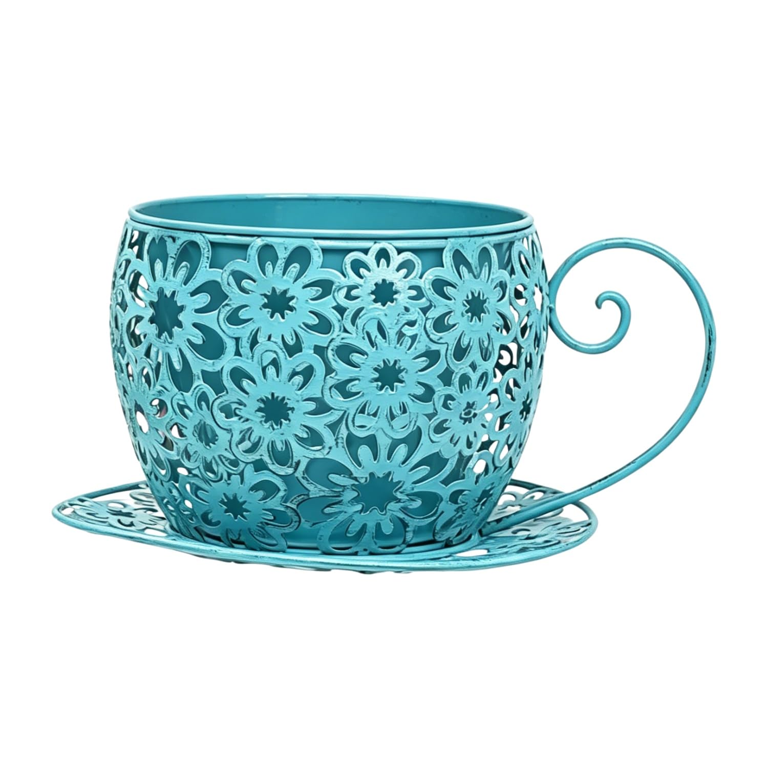 Easnea Rustic Iron Tea Cup Planters Coffee Cup Planter Teacup Flower Pot Garden Planter Vintage Succulent Plant Holder with Saucer, Funny Gardening Planter for Indoor Outdoor Use, Blue