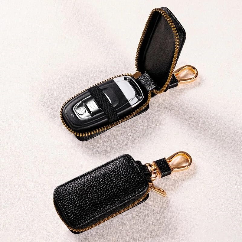 Car Key Case(Pouch) Protection Leather Wallet Car Smart Keychain Coin Holder Auto Remote Car Key Holder For Women And Men, No more forgetting key Gifts For Men(8.5X5.2Cm), (Black with golden zip)-image-11