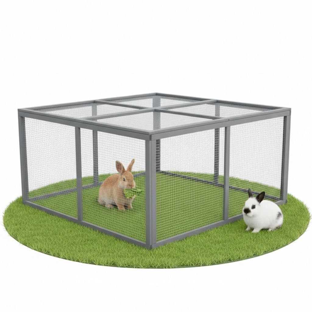Melko Kleintier Freilaufgehege aus Holz – Outdoor Auslaufgehege 120x120x59 cm mit Schutzdeckel Grau für Kaninchen, Meerschweinchen & Hühner
