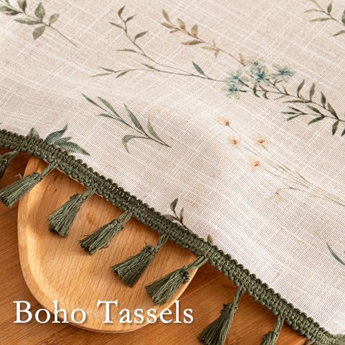 Image of MYSKY HOME Linen Boho Floral Curtains 96 inch Long 2 Panels Green Tassels Leaf Printed Rustic Country Light Filtering Semi Sheer Curtains for Living Room Bedroom, 52 inch Wide Each Panel