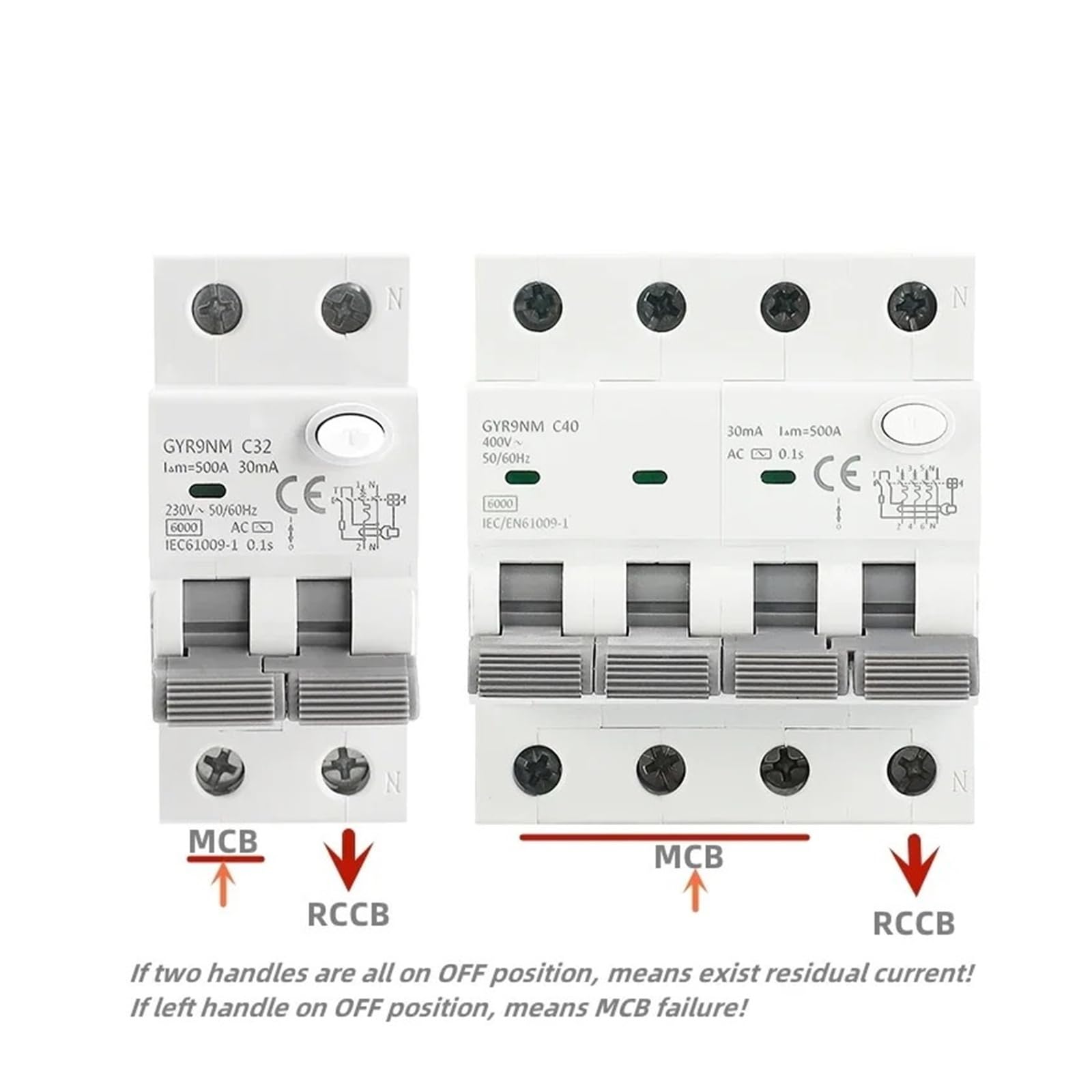 GYR9NM AC Type RCBO 2P 4P Magnetic Circuit Breaker with Over Current and Leakage Protection Din Rail 10A 16A 25A 32A 40A(30mA,4P 16A)