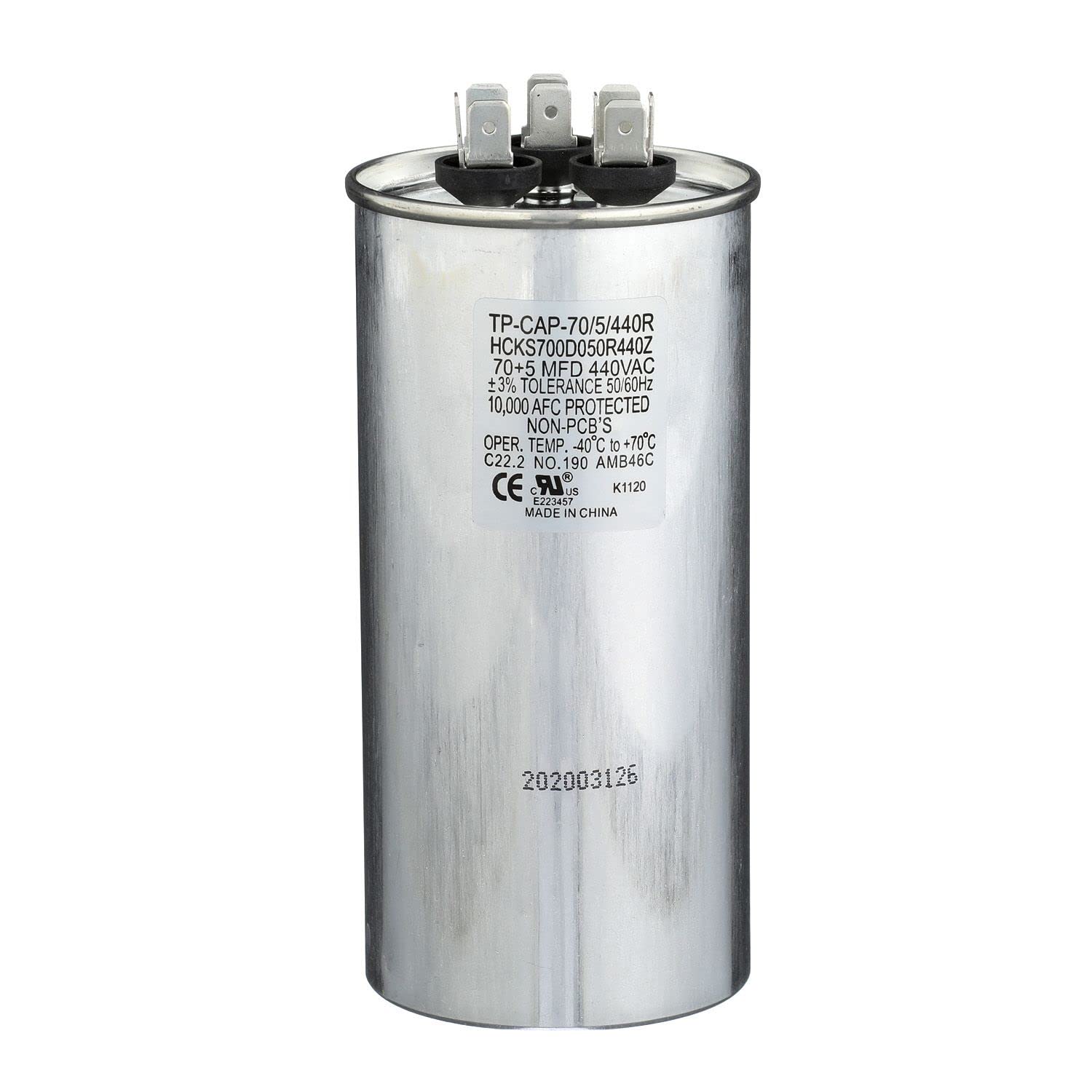 TRADEPRO (TP-CAP-70/5/440R) 70+5 MFD (Microfarads) 440 Volt Round Dual Run Capacitor | 60,000 Hour Operating Life, Aluminum Composition, -40°F to 158°F (-40°C to 70°C) Temperature Range