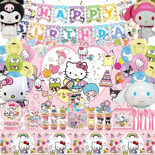 Cartoon Birthday Party Decorations Supplies Party Supplies Kit Include Birthday Banner Foil Balloons Backdrop Tablecloth Hanging Swirls for Adult Birthday Party
