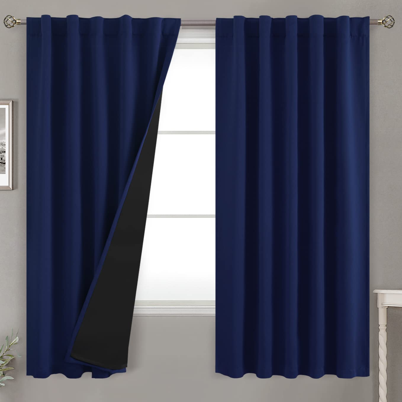 BGment Navy Blue 100% Blackout Curtains 63 Inches Long with Reducing Noise Liner, Rod Pocket and Back Tab Double Layer Full Room Darkening Window