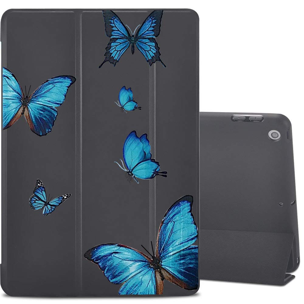 LuGeKe Blue Butterfly Black iPad Case 10.2 Inch 2019 (7th Generation), Cute Animal Design Pattern Trifold Slim Stand Cute Protective Cover, with Soft TPU Back Cover Supports Auto Wake/Sleep