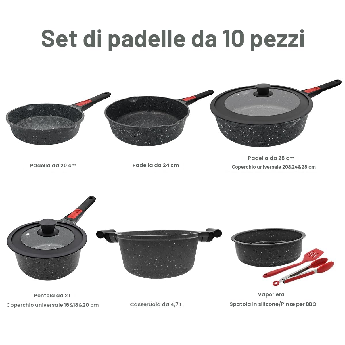 AIKENBBKK Set di Pentole e Padelle Antiaderenti con manici amovibili, Batteria di pentole 10 Pezzi in Alluminio con Coperchi, Lavastoviglie& forno sicuro (Nero)