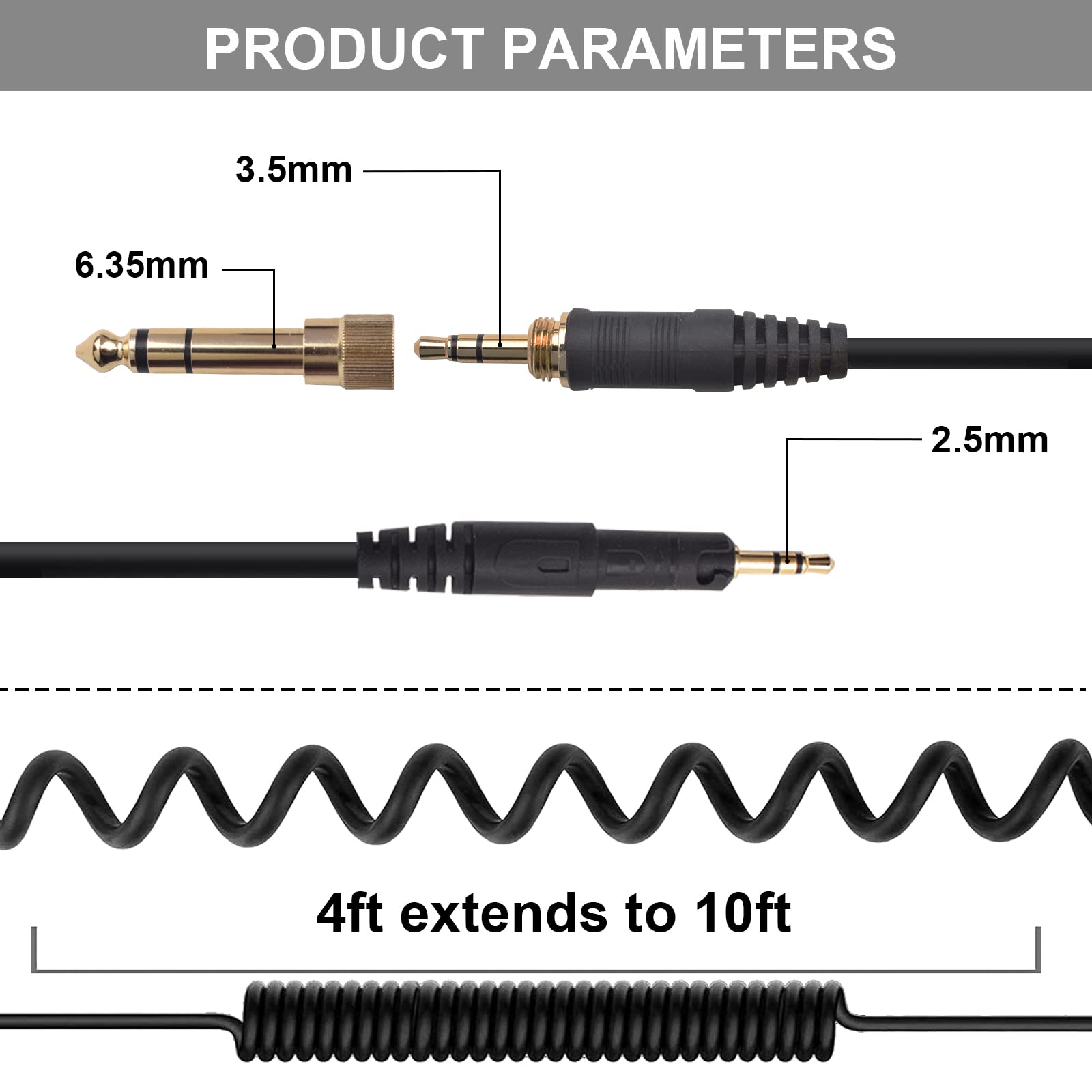 Asobilor ATH-M50x Replacement Cable, Coiled Aux Cord Compatible with Audio-Technica ATH-M40x ATH-M50x ATH-M60x ATH-M70x Headphones with 6.35mm Adapter(4ft extends to 10ft)