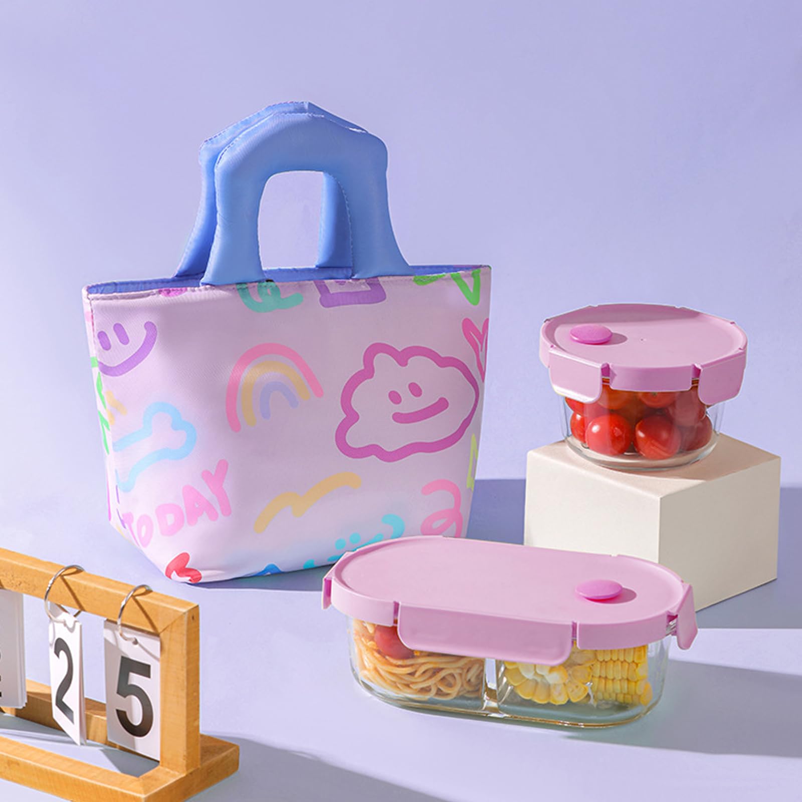 MiniMood 保冷保温ランチバッグ 20×20×14cm 3層断熱構造 アルミ箔裏地 ソフトハンドル付き (柄入り パステルカラー 軽量丈夫) - 通勤 通学 ピクニック対応 (青い手提げ)