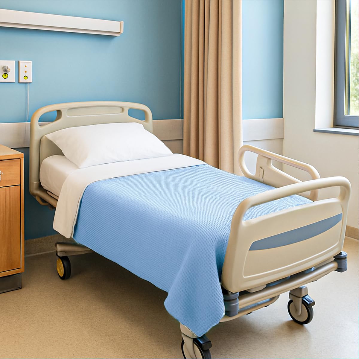 Blue Hospital Thermal Throw Blanket, No Fluff Transfer, Flame Retardant & Comfortable, Lightweight Yet Warm
