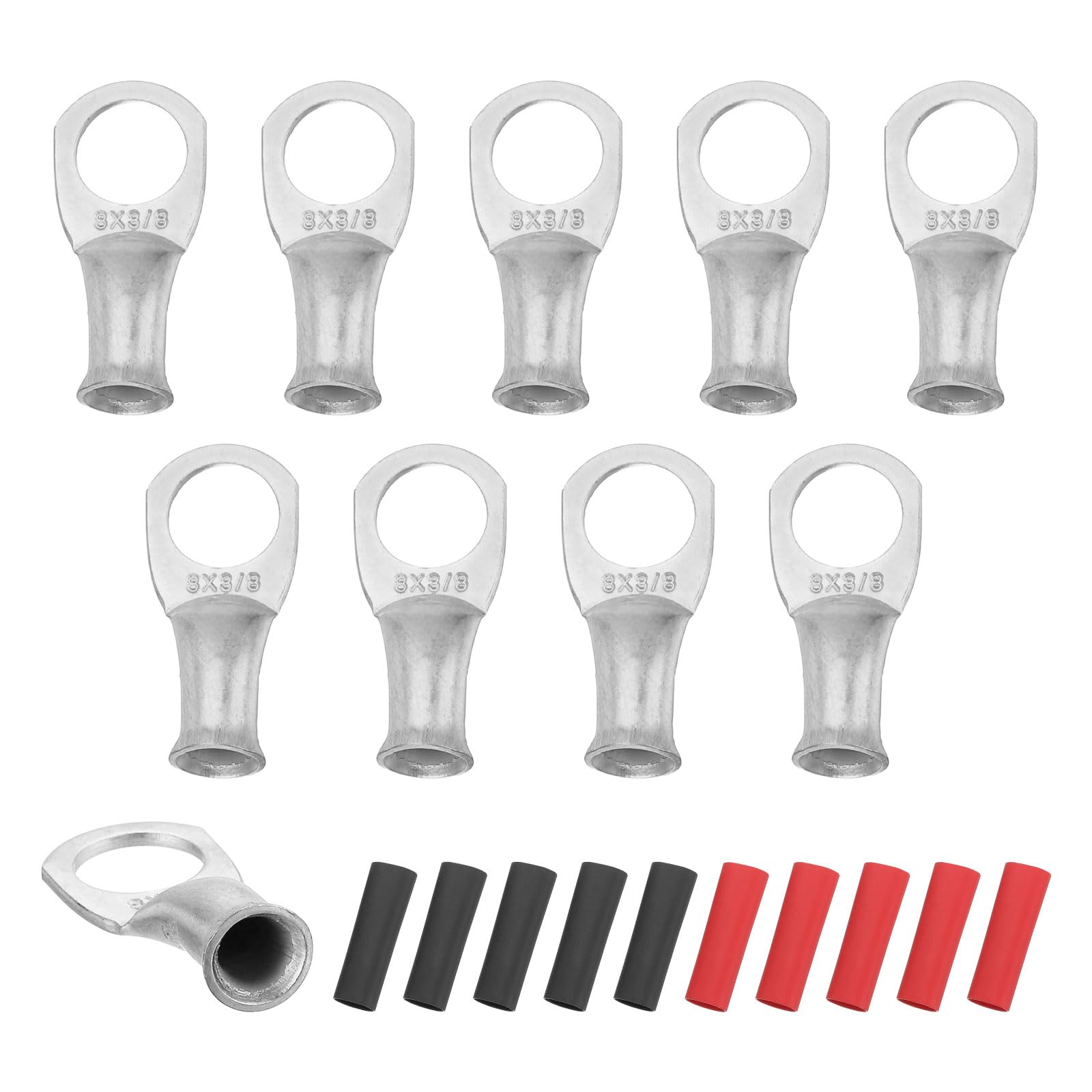 sourcing map 10pcs 8 AWG M10 Battery Lugs Ring Terminals, 3/8" 10mm Stud Crimp Wire Terminal Connector End Copper, 3:1 Heat Shrink Tubing, Silver