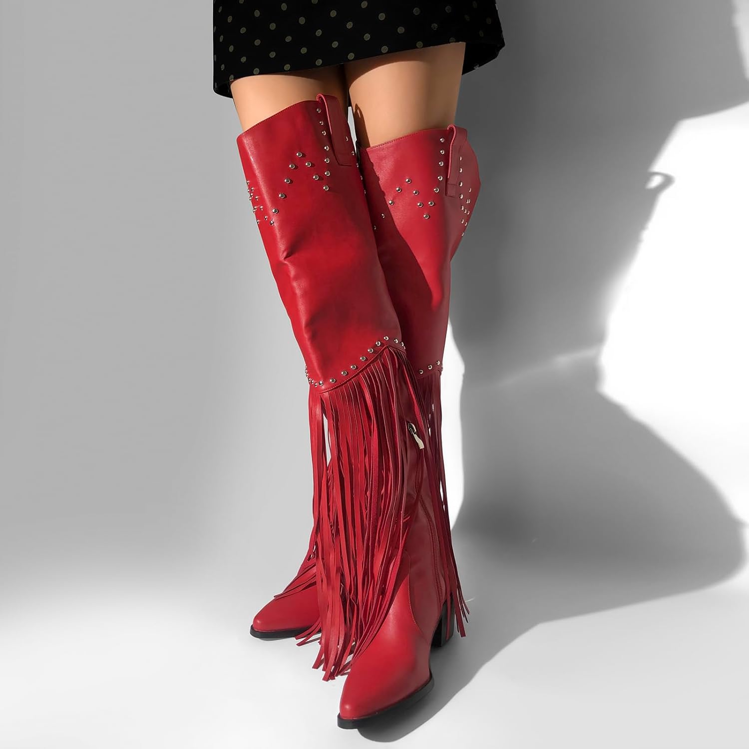 richealnini Fringe Thigh High Boots with Tassels Wide Calf Over Knee Western Cowboy Boots