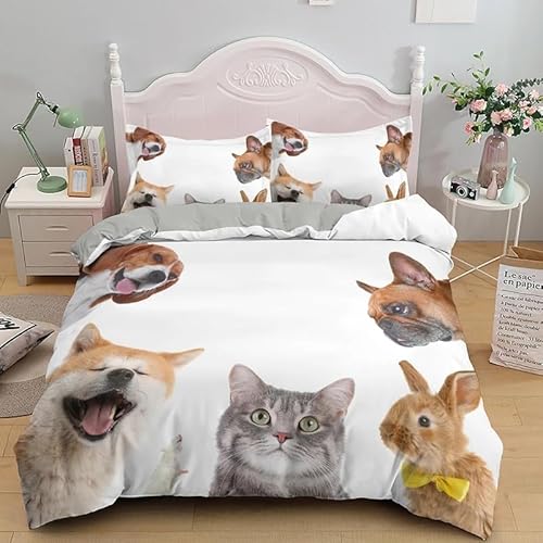 布団カバー シングル 猫と犬 全開ファスナー 抗菌防臭 洗い替え速乾 ポリエステル 布団カバー 3点セット (150x210cm) + 2 枕カバー(43x63cm)