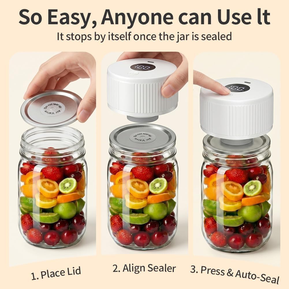 Vakuumierer für Gläser, Elektrischer Vakuumierer mit LCD Anzeige, Mini Tragbarer Mason Jar Vakuum Sealer Kabellos mit Weithals und Standardöffnung sowie für Vakuumbeutel, Weiß
