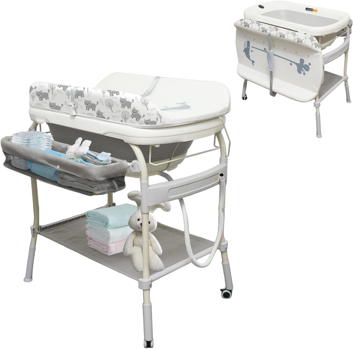 2 in 1 Baby Bathtub with Changing Table, DEYGIA Waterproof Diaper Changing Station Portable Changing Table Adjustable Height Nursery Organizer with Storage Rack for Newborn Infant Toddler, Cat Pattern