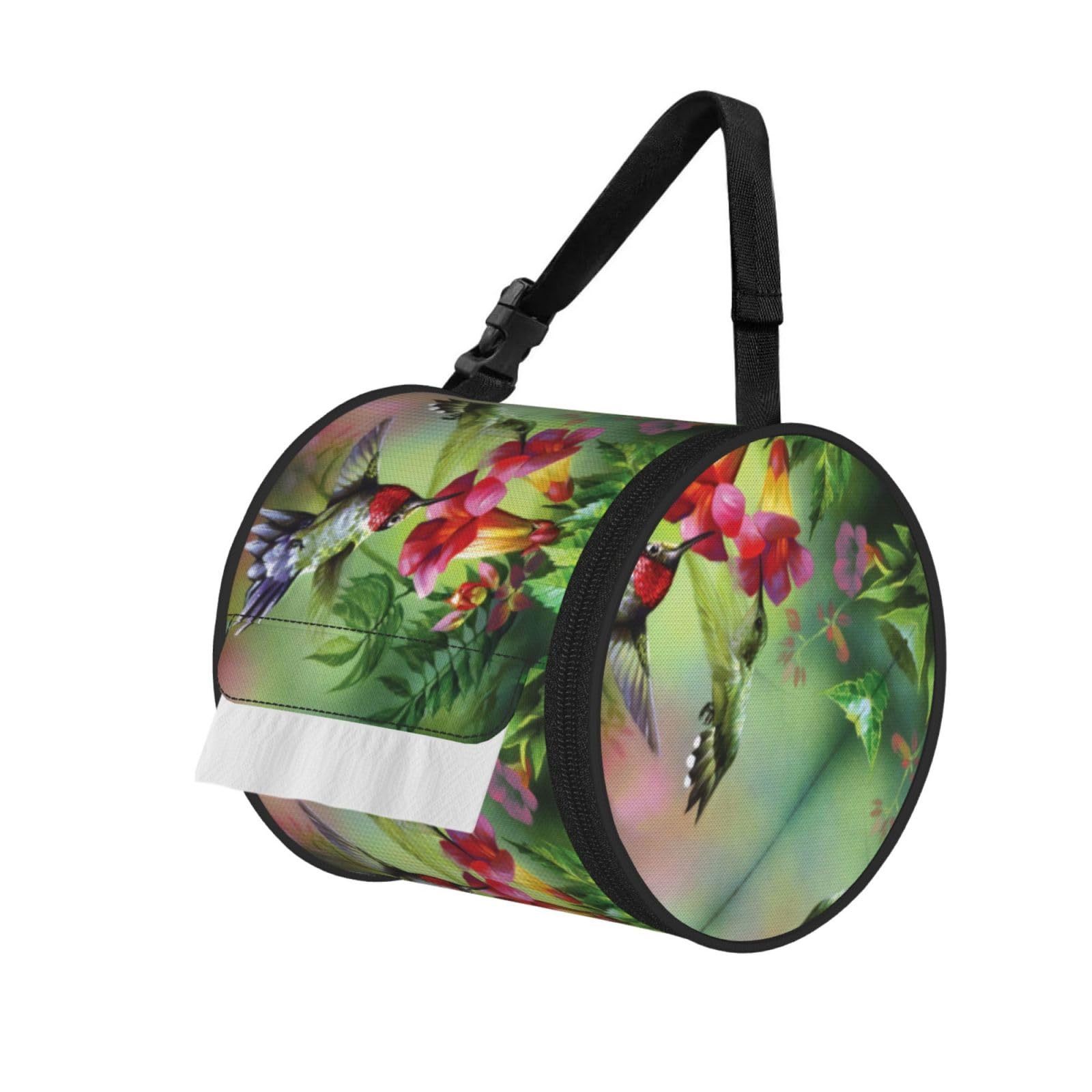 Hummingbird Flowers Printed Hanging Tissue Organizer, Smooth Zipper Oxford Cloth Roll Holder for RV Bathroom Desk