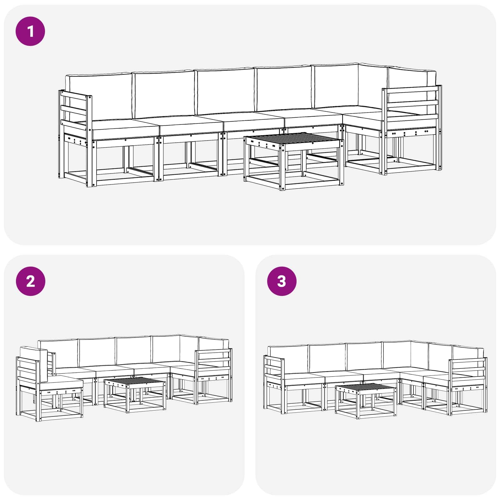 Gartenmöbelgarnitur Set 7-teilig aus wetterfestem Akazienholz für Terrasse Balkon und Garten, modulare Sitzgruppe mit Tisch, Sofas, Armlehnen, Kissen und Rückenpolstern