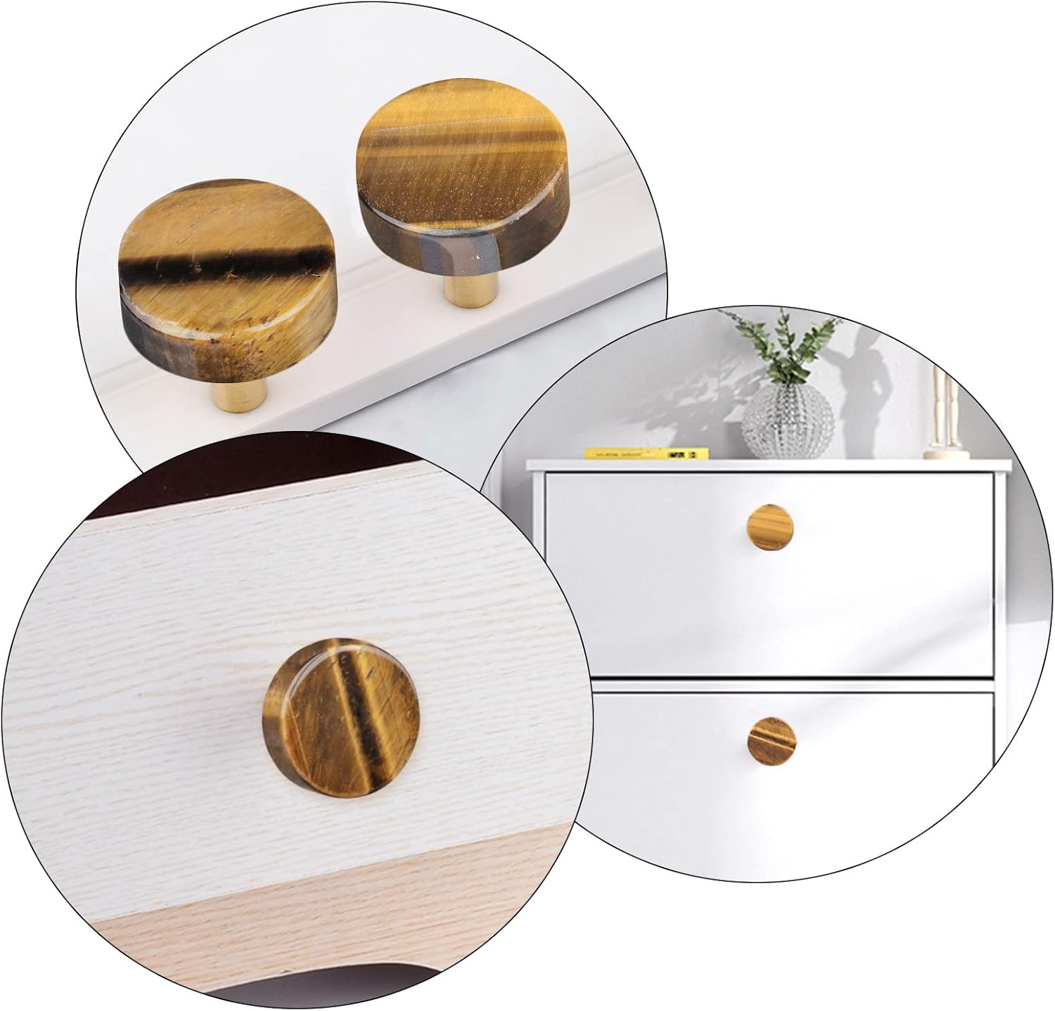 moonsix 4pcs Circle Crystal Stone Polished Drawer Knobs for Kitchen Handle Pull Cupboard Door Dresser Wardrobe Closet, Tiger’s Eye Stone