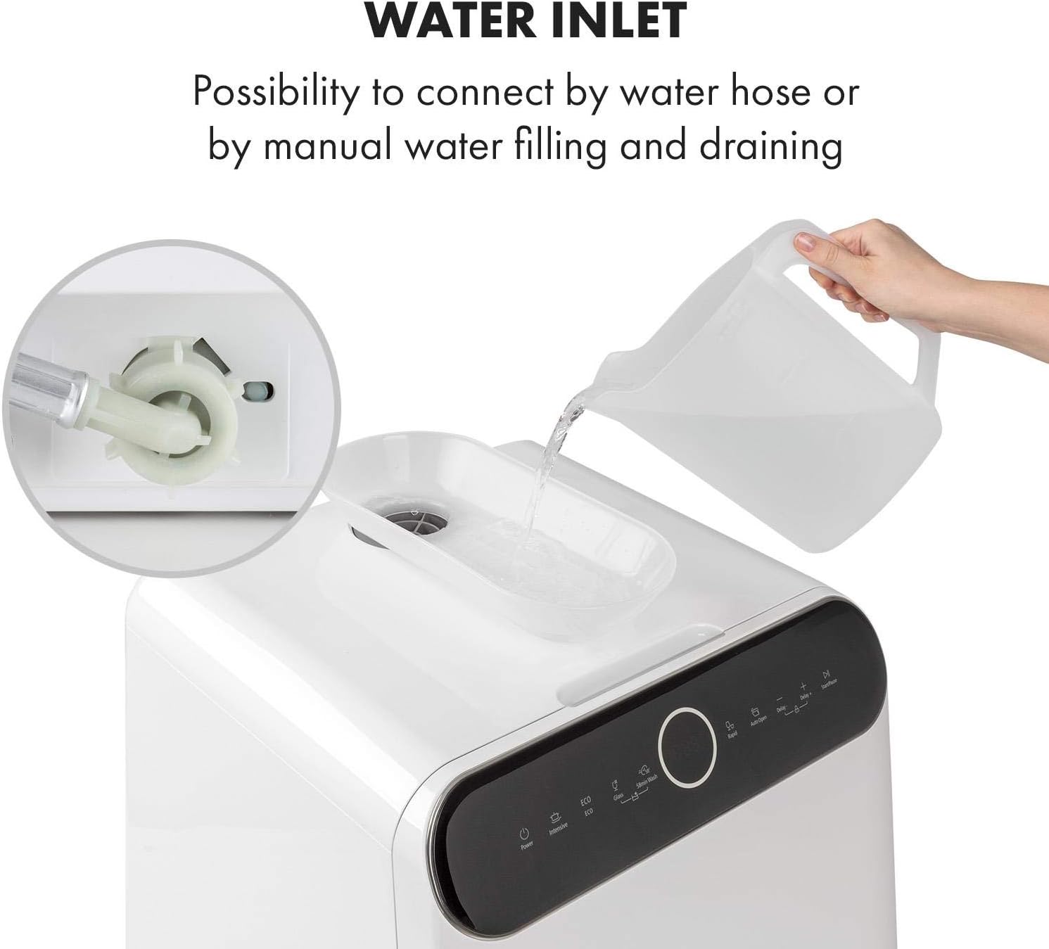 KLARSTEIN Oceana - Mini Lavastoviglie da Tavolo, Classe F, 125 kWh/anno, 2 Coperti, Freestanding, Libera Installazione, Lavaggio a 360°, 6 Programmi, Touch Control, Consumo: 6 L, 58 dB, Bianco [Classe di efficienza energetica F]