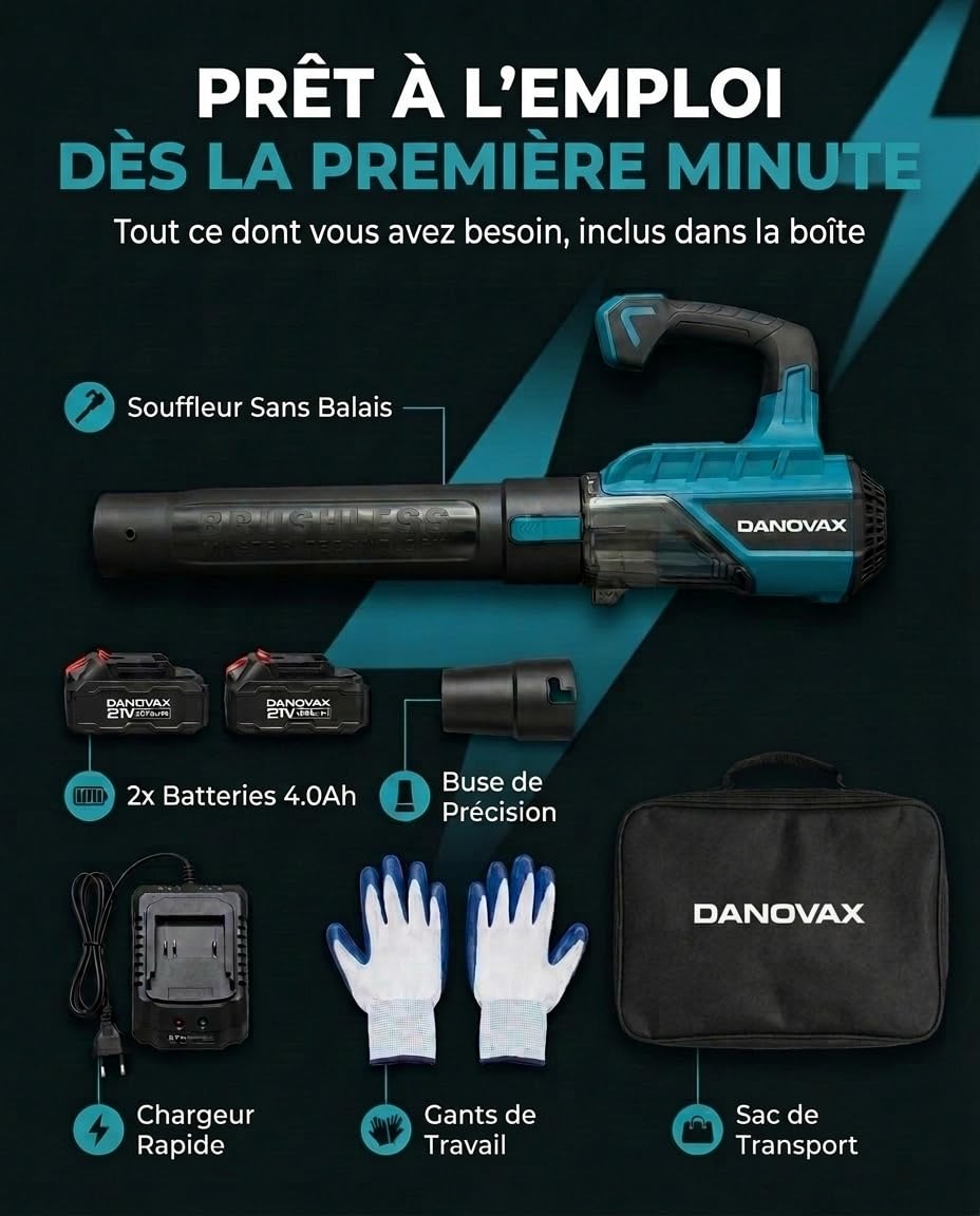 Souffleur Batterie - 2 Batteries 4 Ah Incluses - Moteur Brushless - 3 Vitesses - Grande Puissance de soufflage jusqu'à 260 km/h - Chargeur avec Base - Sac de Transport et Gants Inclus