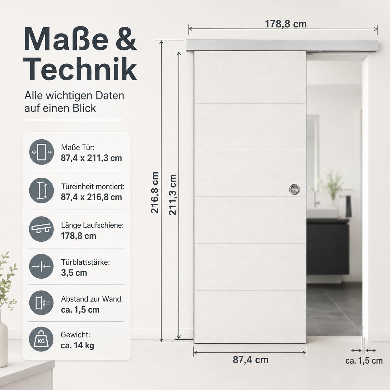 Puerta corredera de plástico, Grosfillex, 79450C06, kit completo, 87,4 x 216,8 cm, color madera blanco