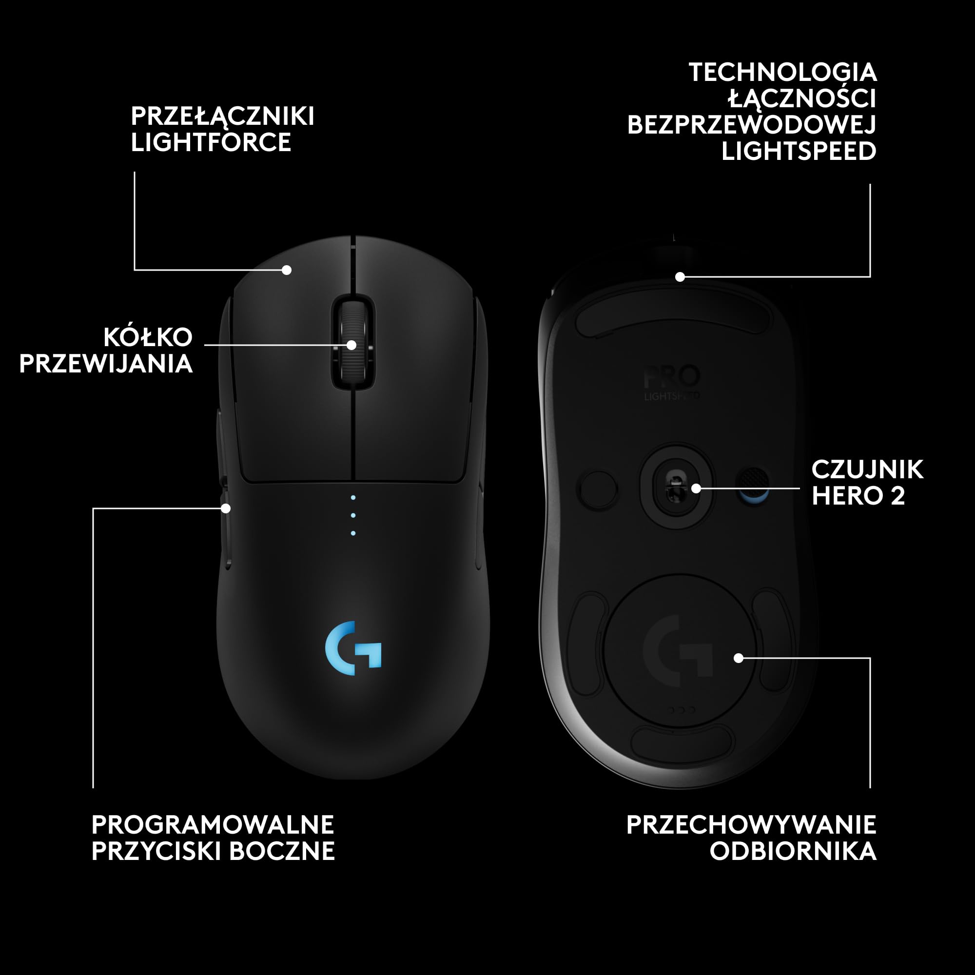 Bezprzewodowa mysz do gier PRO 2 LIGHTSPEED, do 4 konfigurowalnych i przełączanych magnetycznych przycisków bocznych, ładowanie przez USB-C, czujnik 32k DPI do komputerów PC/Mac