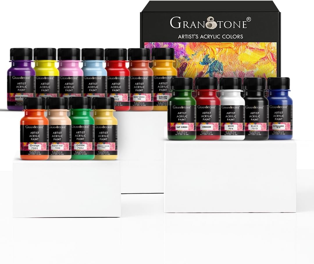 GRANOTONE Acrylic Colour Set 50 ml Each Pack of 16 Water Based Non Toxic Fast Drying Multicolor Craft Canvas Paints Ideal for Pro Artists Beginners Hobby Painters and Kids