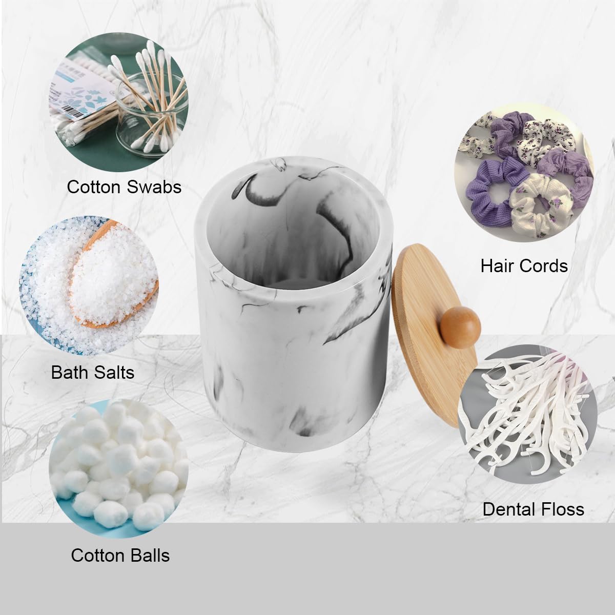 Qtips Badezimmer-Gläser mit Deckel, Wattestäbchen-Halter, Harz-Apotheker-Spender, Marmor, Make-up-Schwämme, Badesalz-Aufbewahrungsbox, Marmorweiß mit Bambusdeckel, 2 Stück