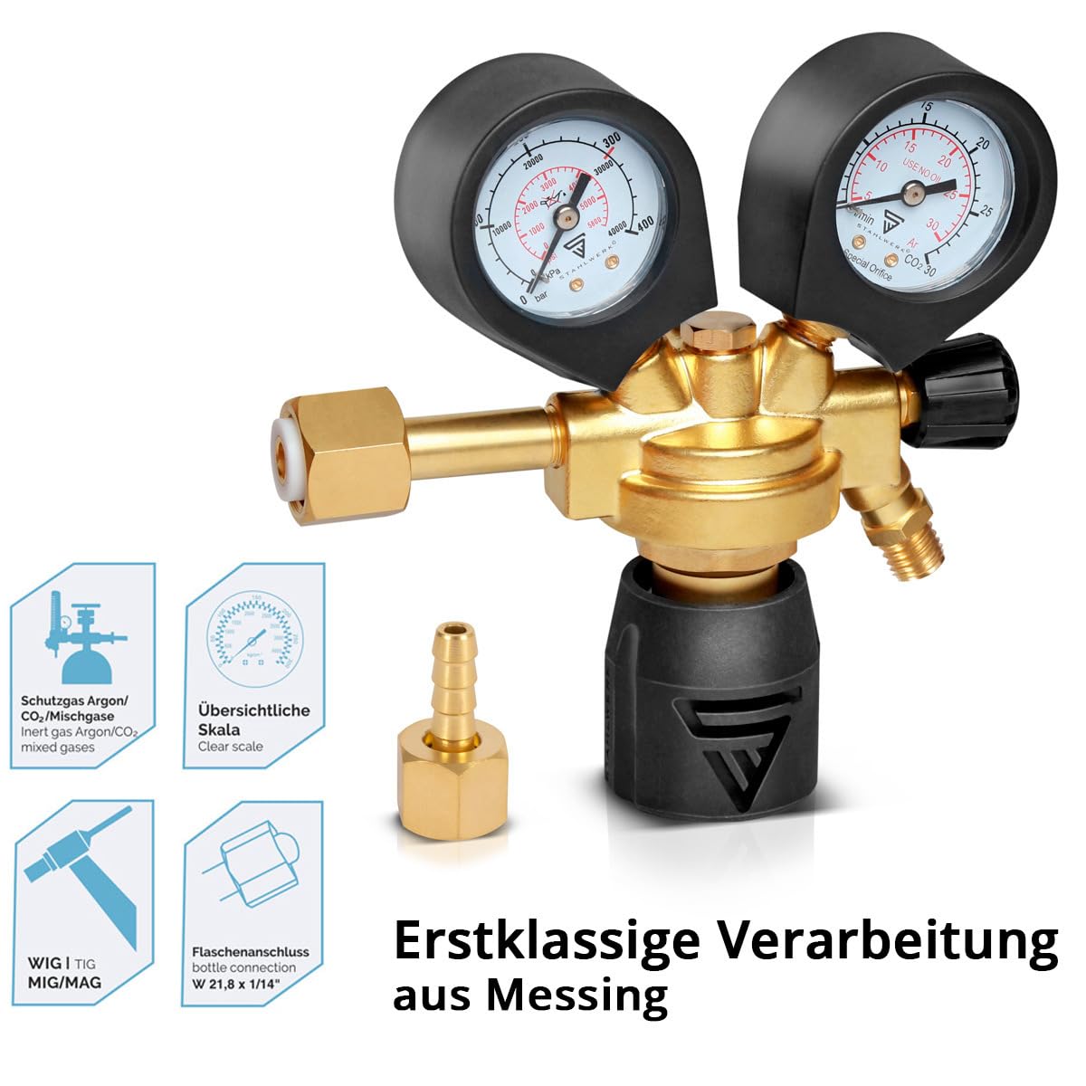 STAHLWERK Druckminderer ST-300 Pro – bis 300 bar, aus hochwertigem Messing, nach DIN EN ISO 2503, für Argon, CO2, Mix 18 & Schutzgase, mit W21,8 x 1/14" Gewinde, stufenlos regelbarer Druckregler