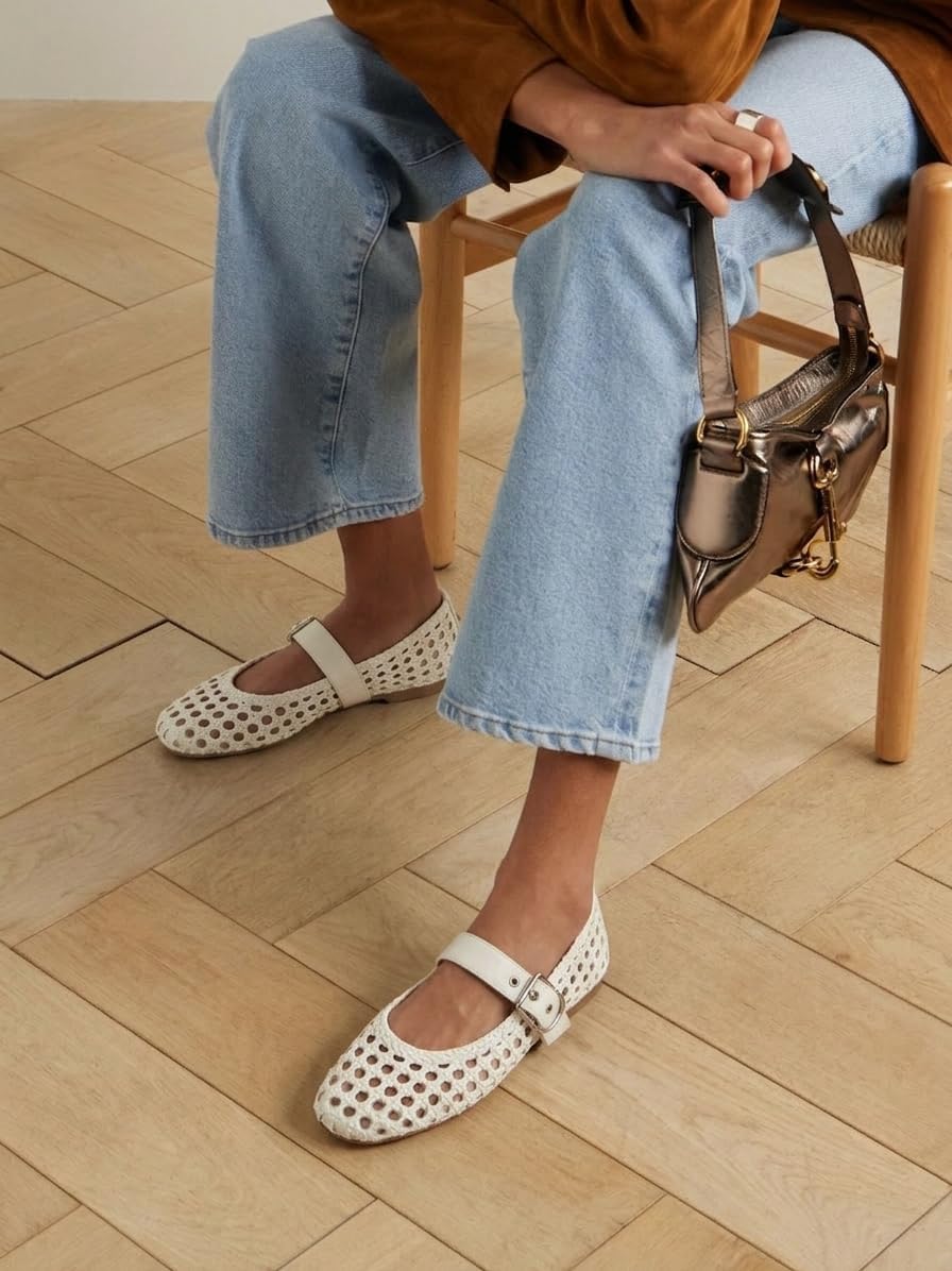Woven Ballet Flats Mesh Mary Jane Flats for Women Dressy Comfortable Ballerina Flat Round Toe Buckle Strap Mesh Shoes Casual Mary Janes