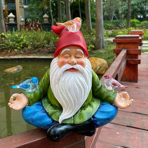 Miniatura 5 de Gnomo alimentado por energía solar con sombrero rojo y 3 pájaros, adorno de jardín de resina con luz LED, estatua de decoración al aire libre (gnomo