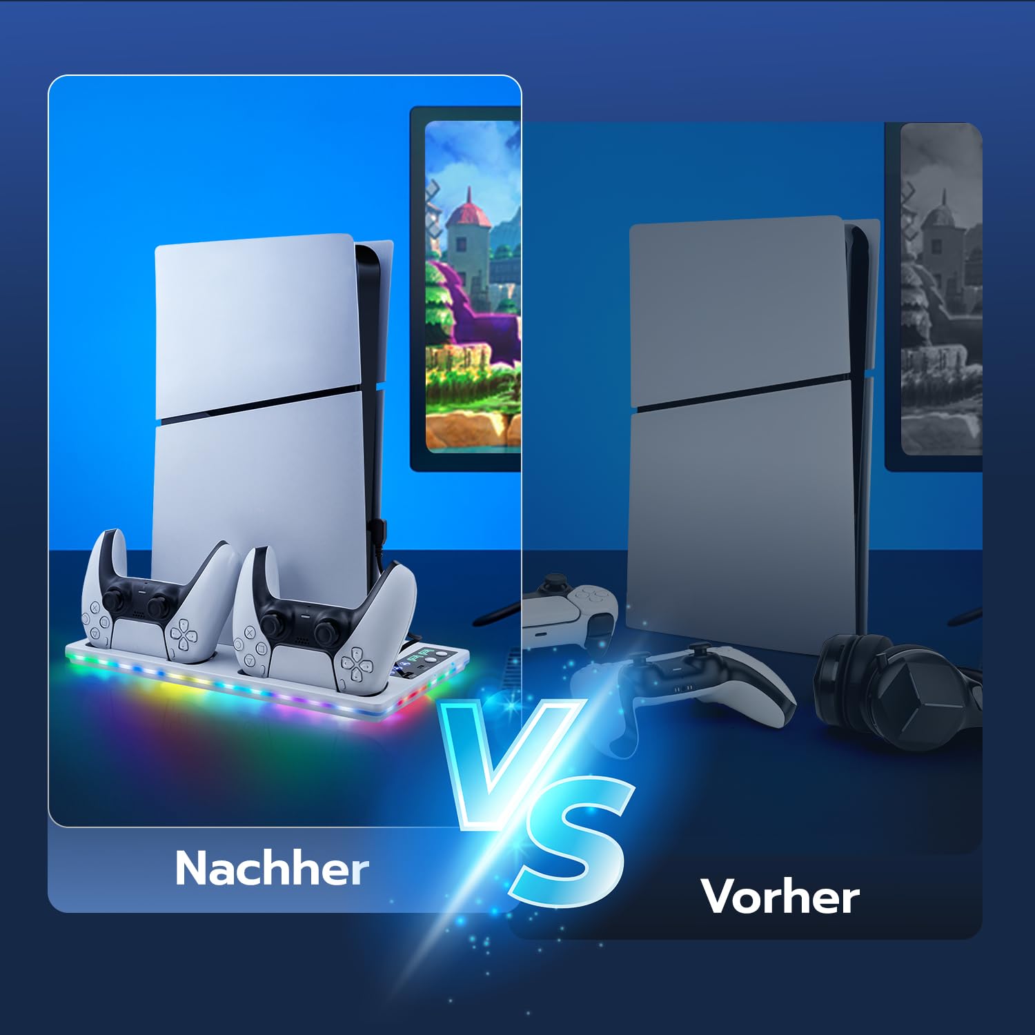 Vertikale Standfuß mit Kühlung für PS5/Pro/Slim, Dual Controller Ladestation Ständer mit 3 Stufen Lüfter/RGB Licht für PlayStation 5 UHD& Digital /PS5 Slim Disc & Digital